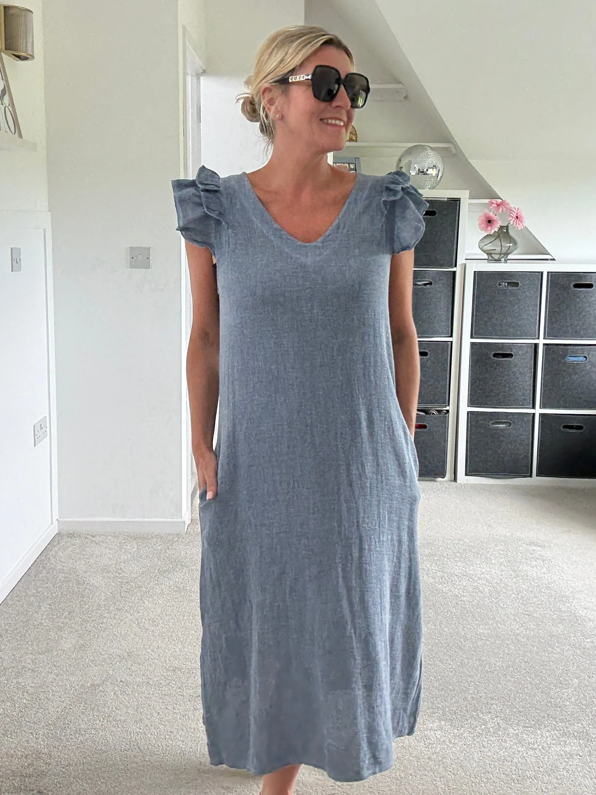 Navy Washed Linen Frill Sleeve V-Neck Dress