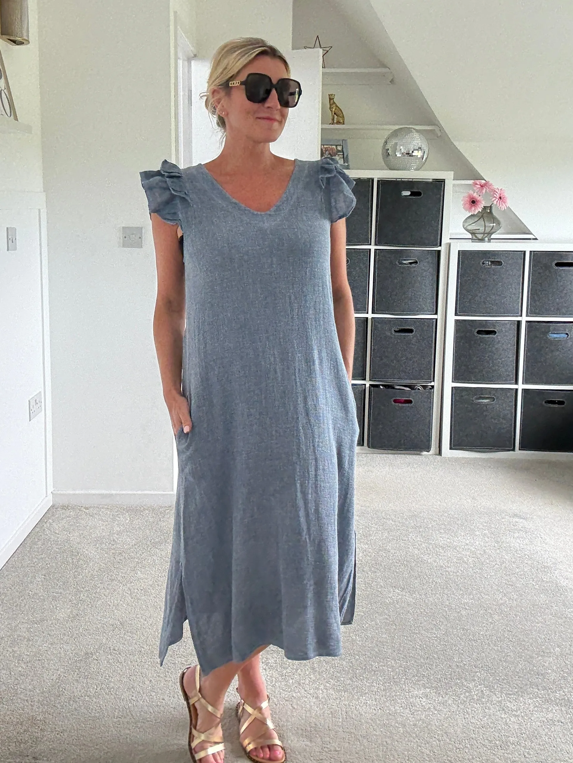 Navy Washed Linen Frill Sleeve V-Neck Dress
