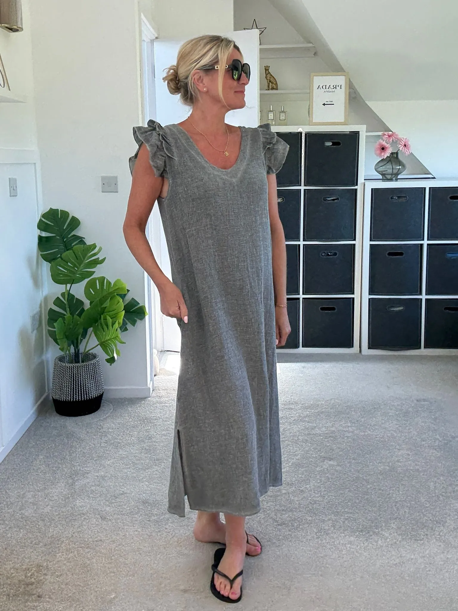 Navy Washed Linen Frill Sleeve V-Neck Dress