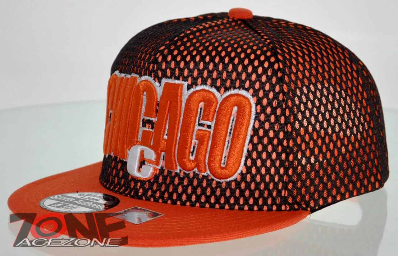 NEW! MESH FLAT BILL SNAPBACK BALL CHICAGO ILLINOIS CAP HAT ORANGE
