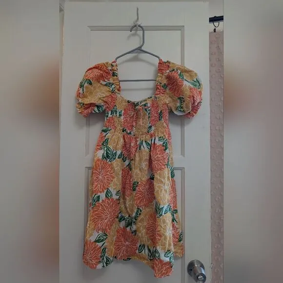 NWOT Faithfull The Brand Smocked Linen Mini Dress Size 4 Small Floral Puff Short