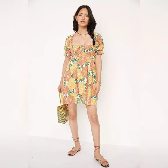 NWOT Faithfull The Brand Smocked Linen Mini Dress Size 4 Small Floral Puff Short