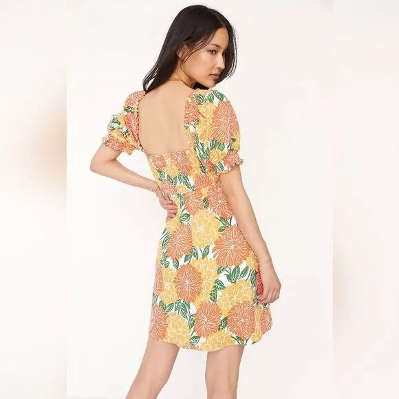 NWOT Faithfull The Brand Smocked Linen Mini Dress Size 4 Small Floral Puff Short