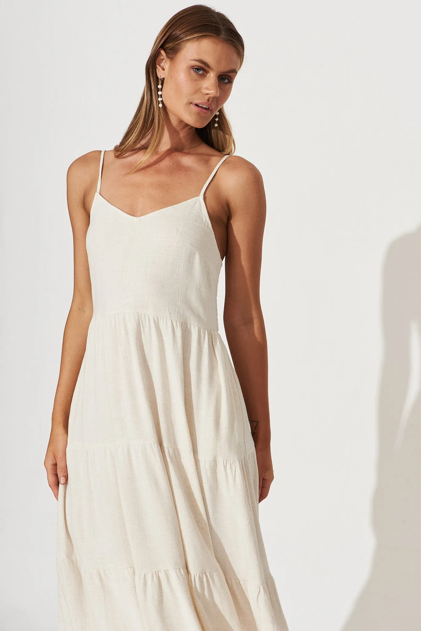 Oatmeal Linen Blend Midi Sundress by Utopia