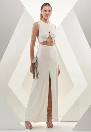 Off White Long Dress With Metal Neckline Detail