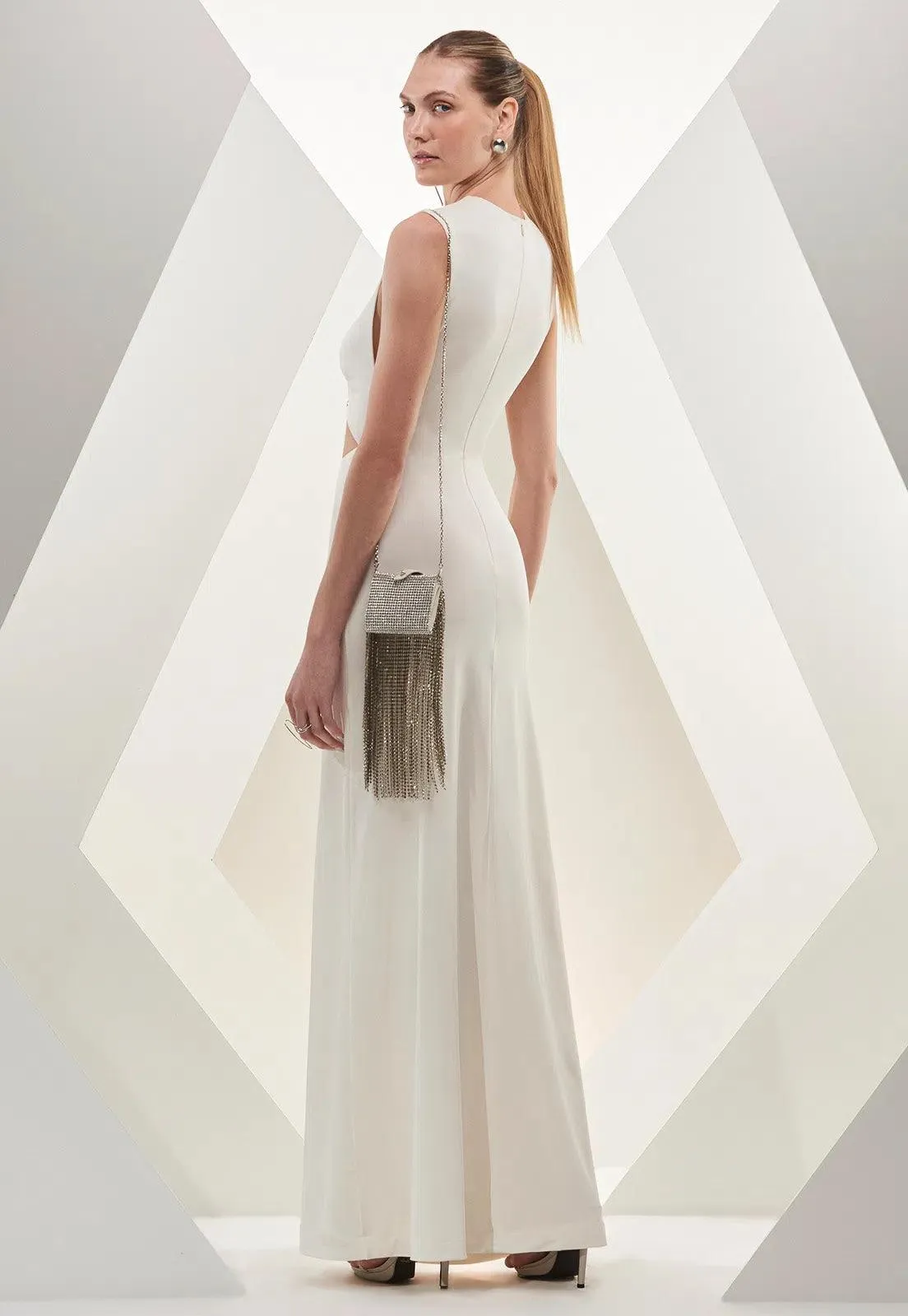 Off White Long Dress With Metal Neckline Detail