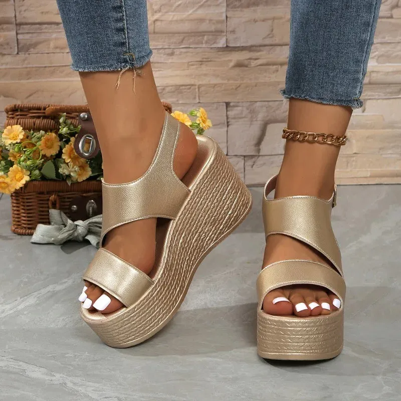 Open-toe slope sandals leather strap Roman shoes 2025 summer fashion lightweight thick sole non-slip high heels women's shoes