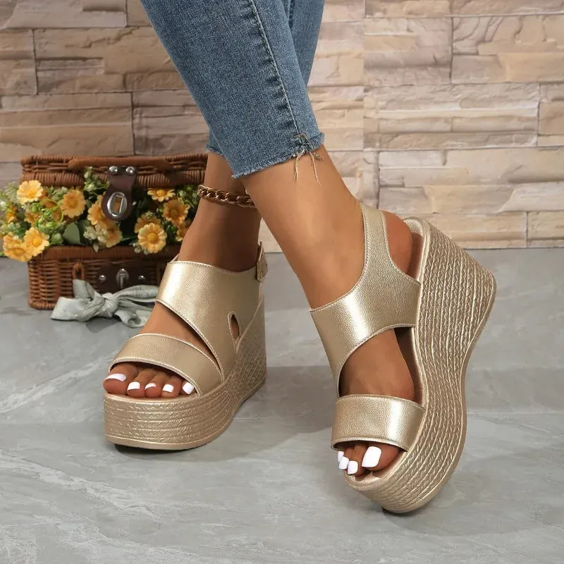 Open-toe slope sandals leather strap Roman shoes 2025 summer fashion lightweight thick sole non-slip high heels women's shoes