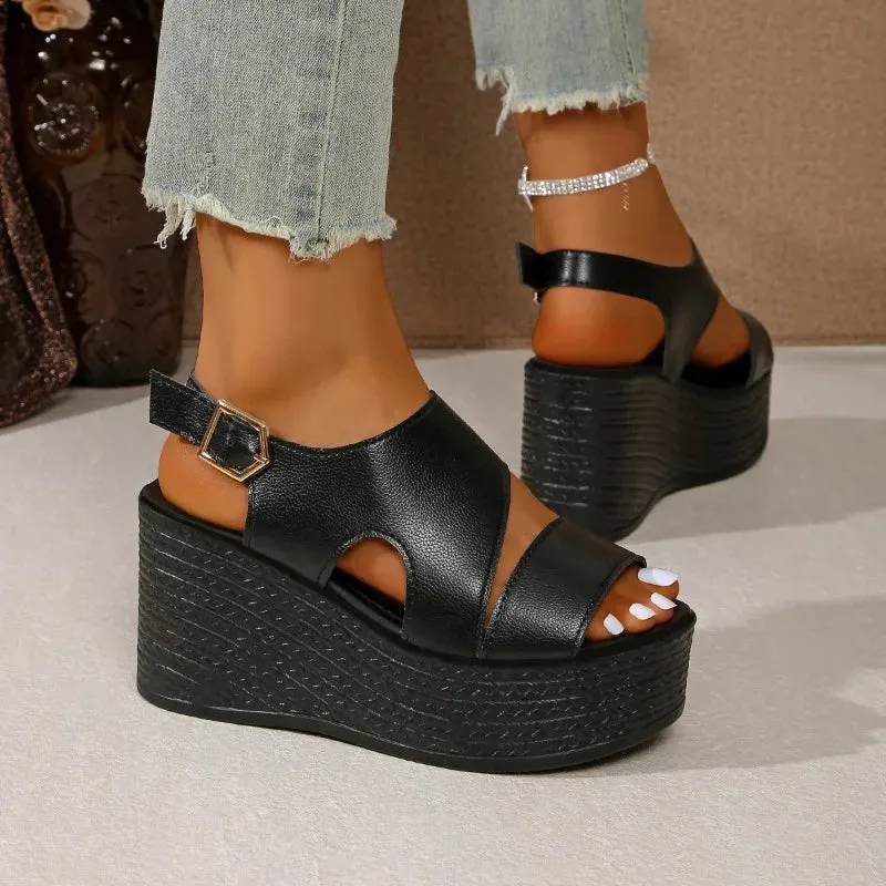 Open-toe slope sandals leather strap Roman shoes 2025 summer fashion lightweight thick sole non-slip high heels women's shoes