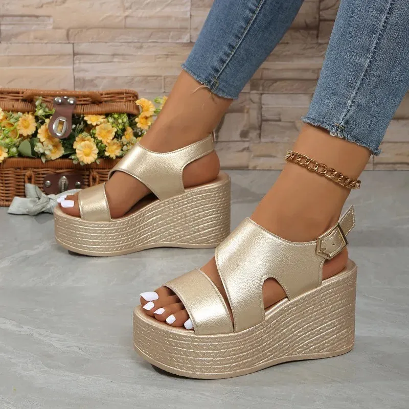 Open-toe slope sandals leather strap Roman shoes 2025 summer fashion lightweight thick sole non-slip high heels women's shoes