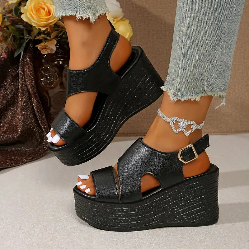 Open-toe slope sandals leather strap Roman shoes 2025 summer fashion lightweight thick sole non-slip high heels women's shoes