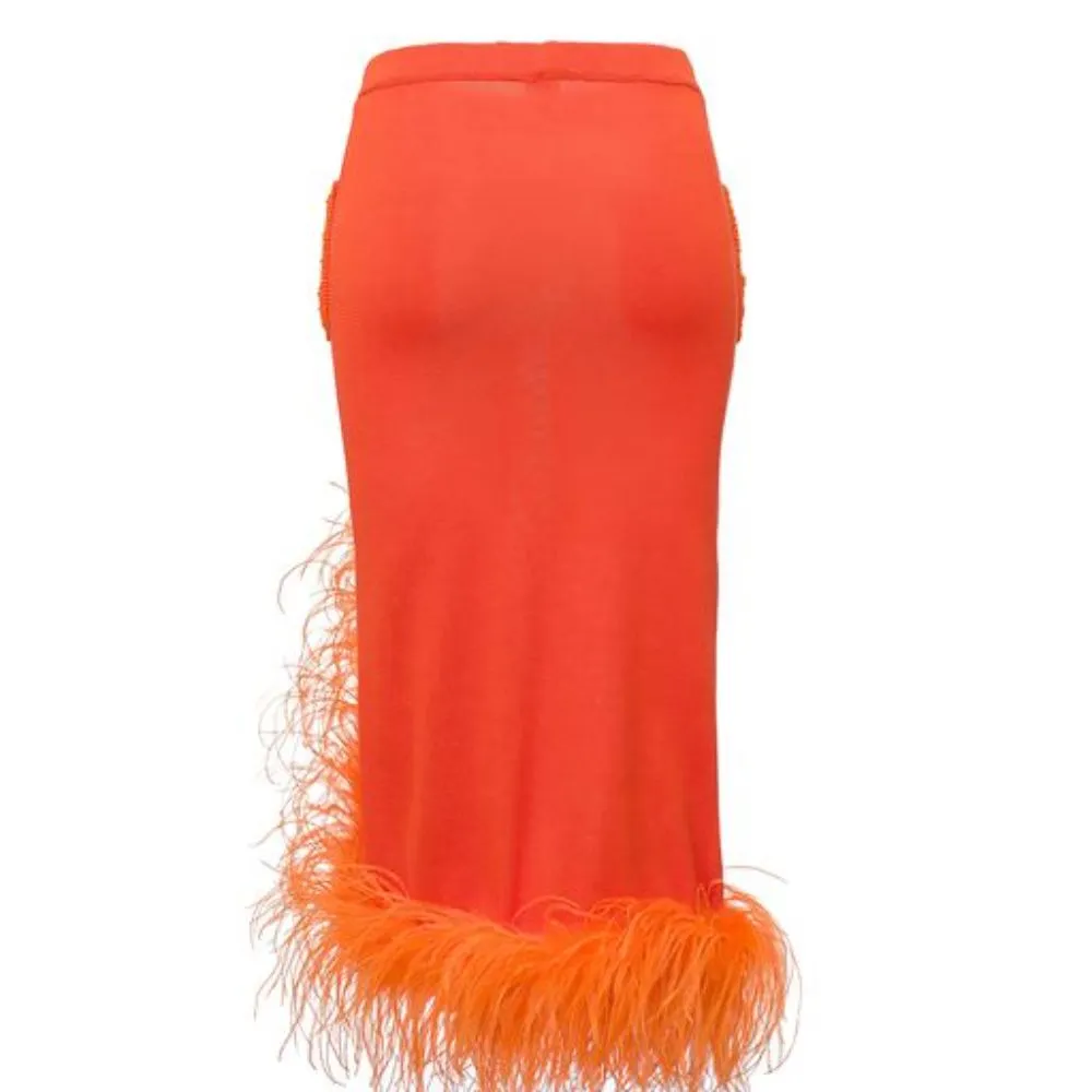 Orange Knit Skirt With Feathers And Crochet Pockets