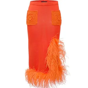 Orange Knit Skirt With Feathers And Crochet Pockets