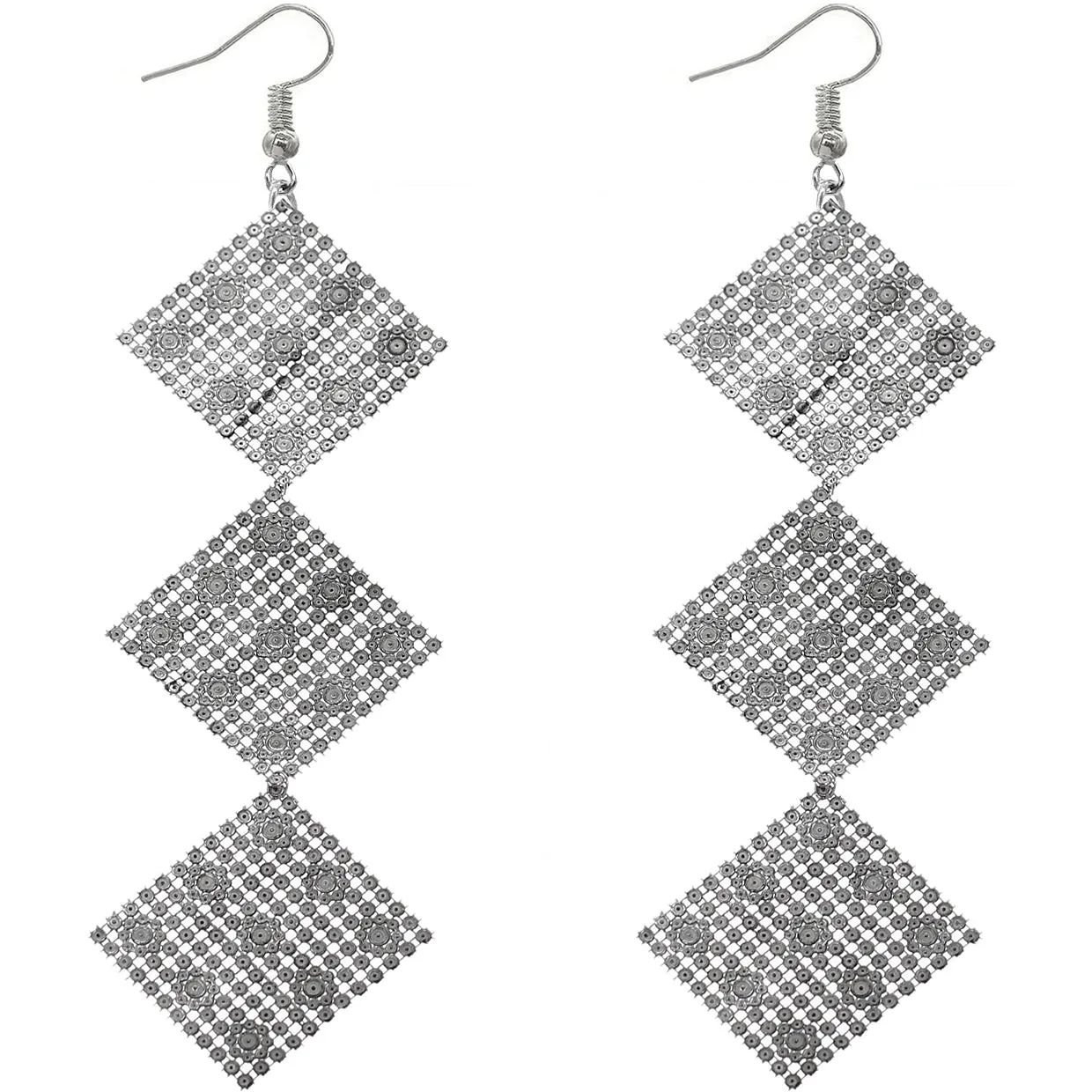 Orange Rhinestone Long Mesh Flat Earrings
