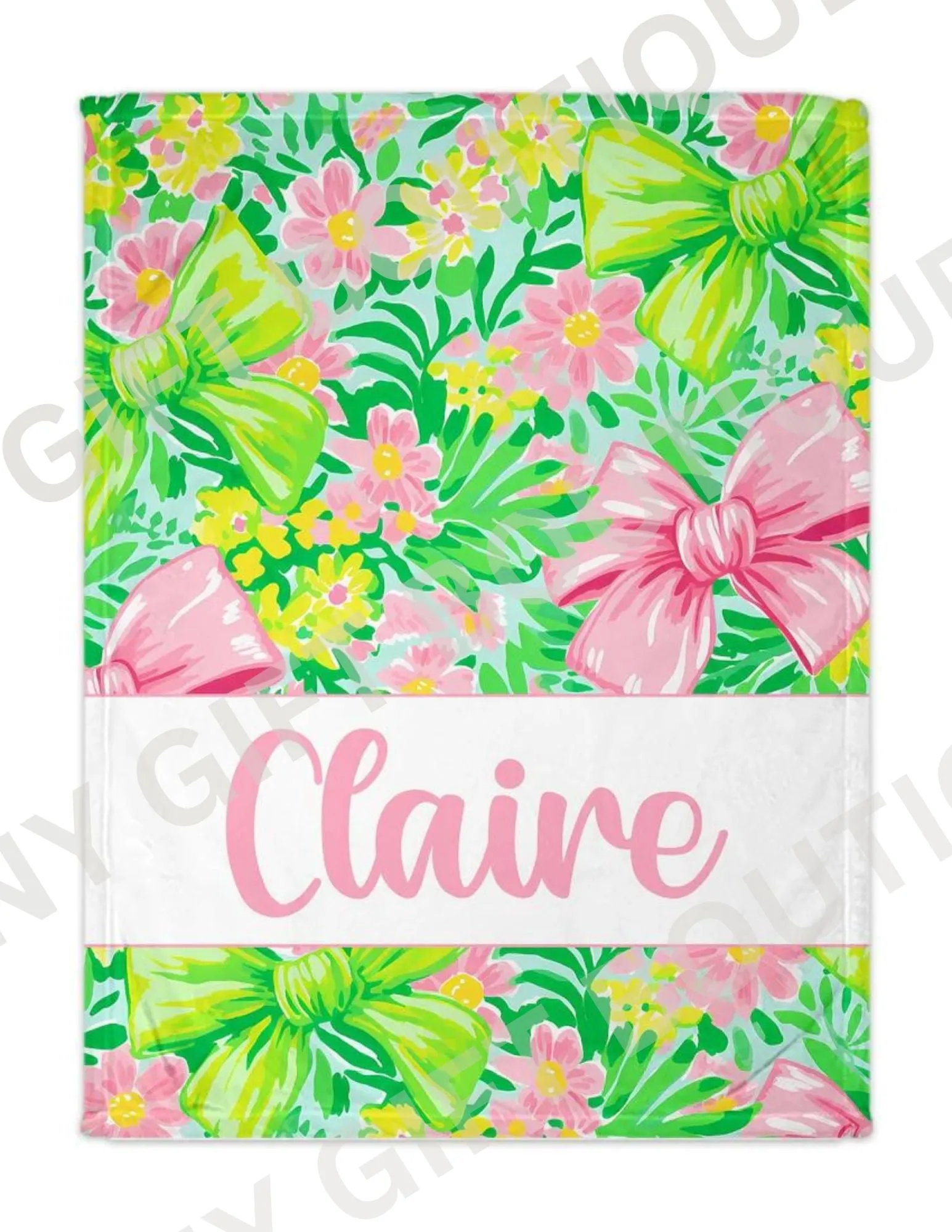 Pink & Green Bow Personalized Blanket