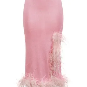 Pink Knit Skirt With Feathers Details