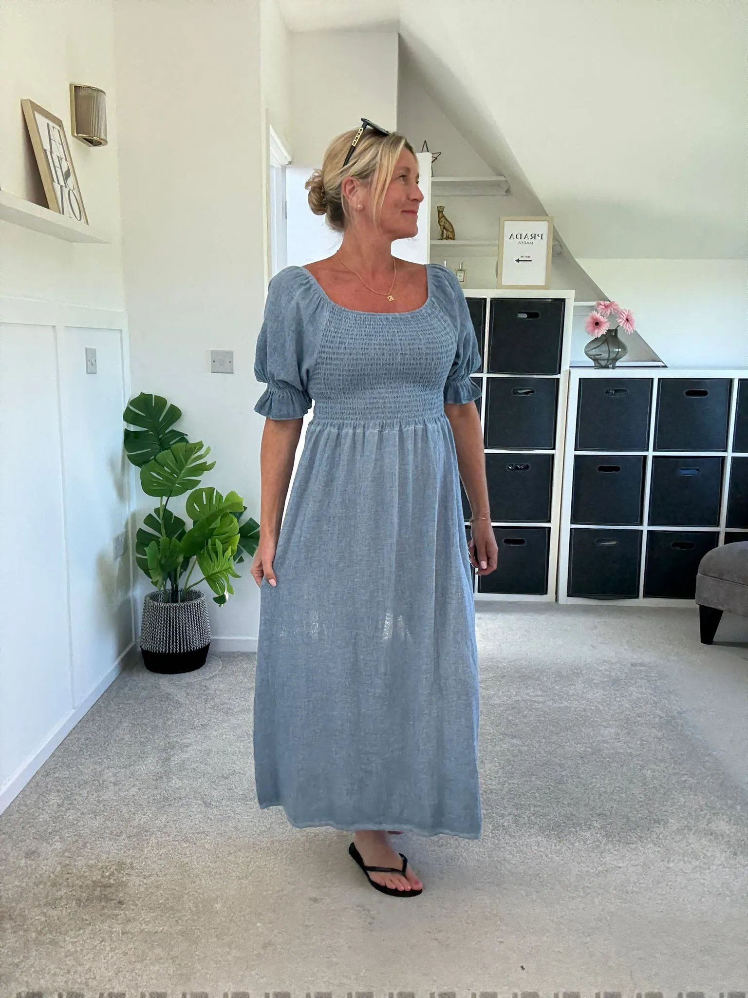 Pistachio Washed Linen Shirred Midi Dress