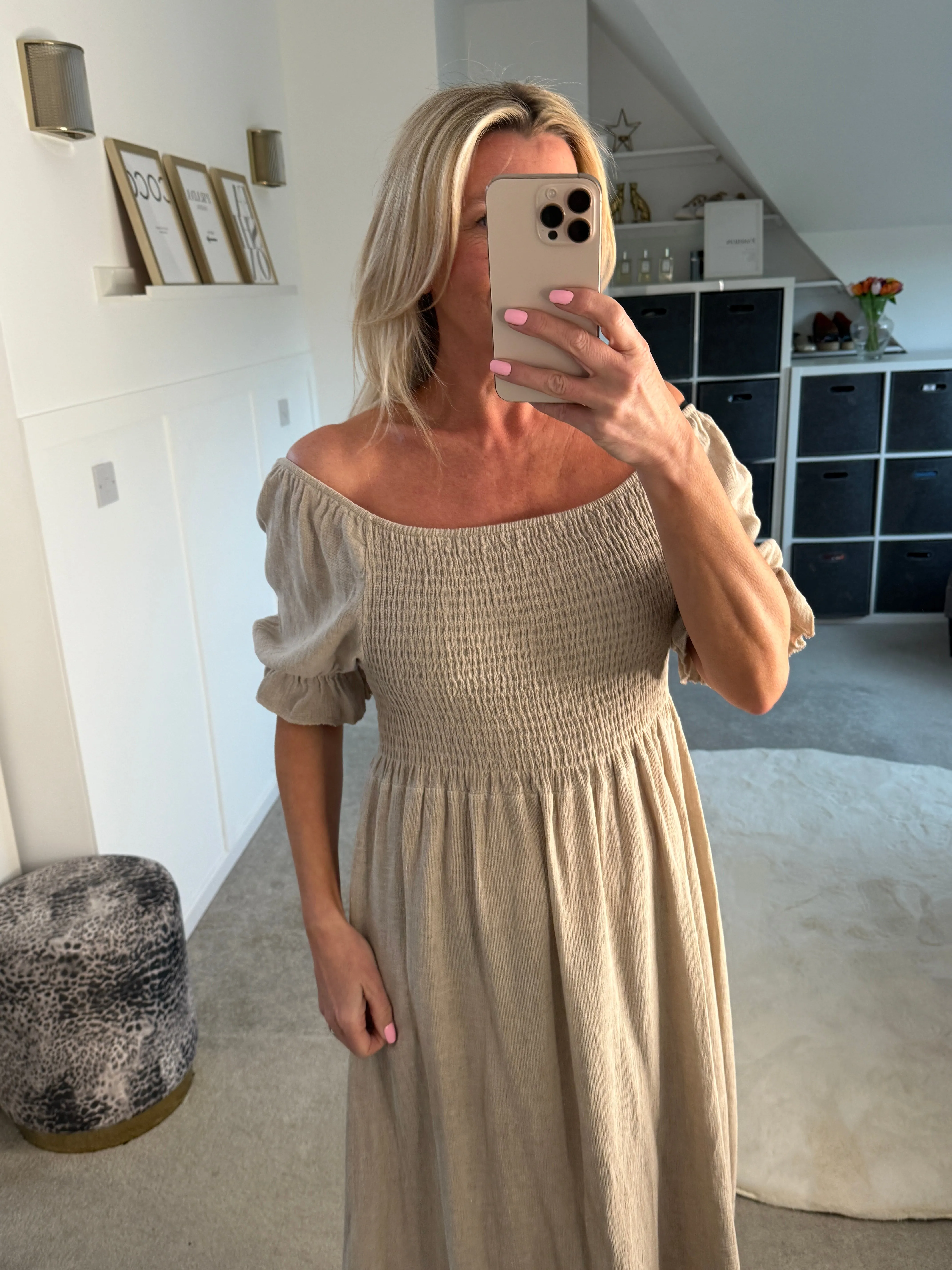 Pistachio Washed Linen Shirred Midi Dress