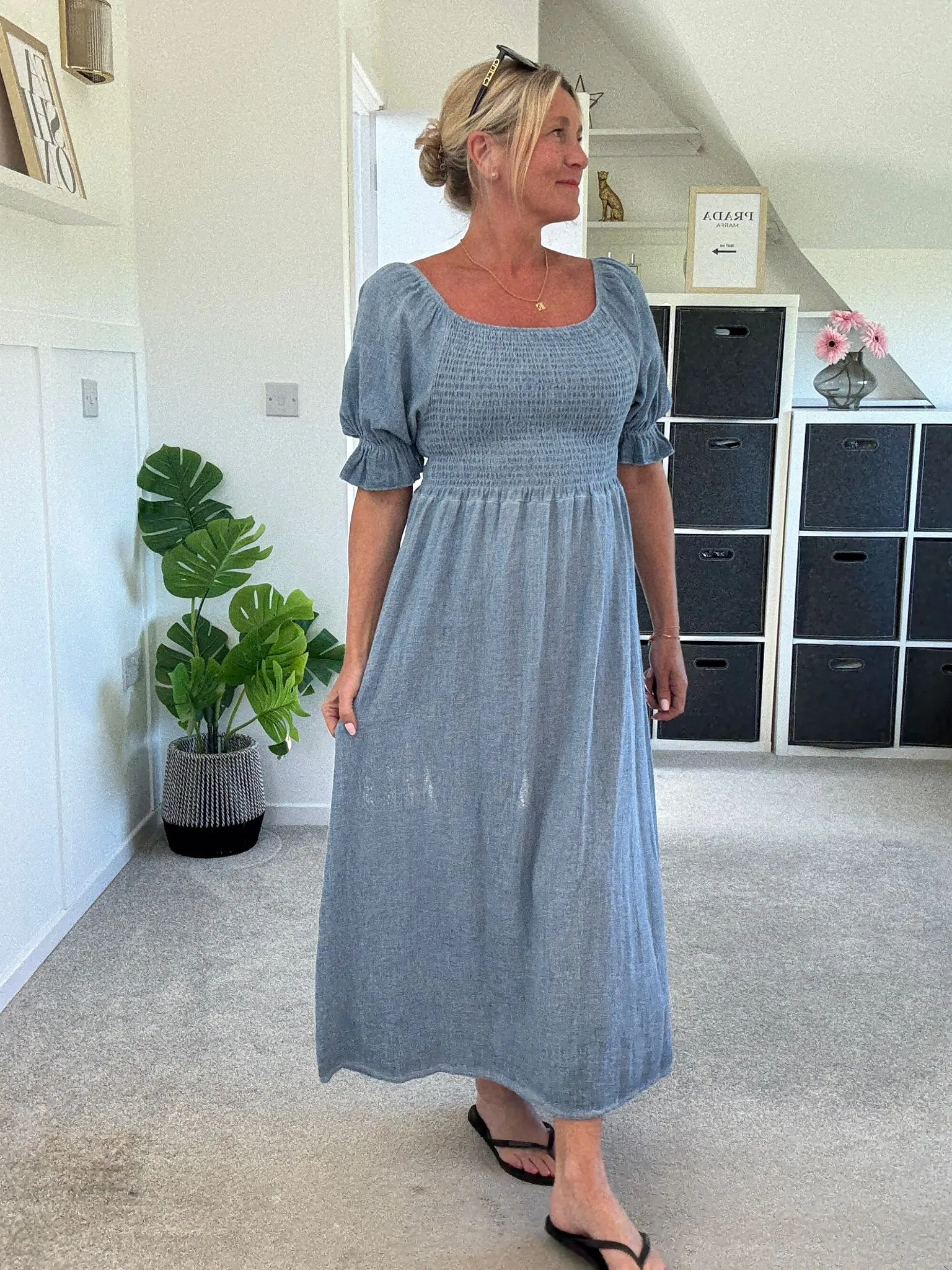Pistachio Washed Linen Shirred Midi Dress