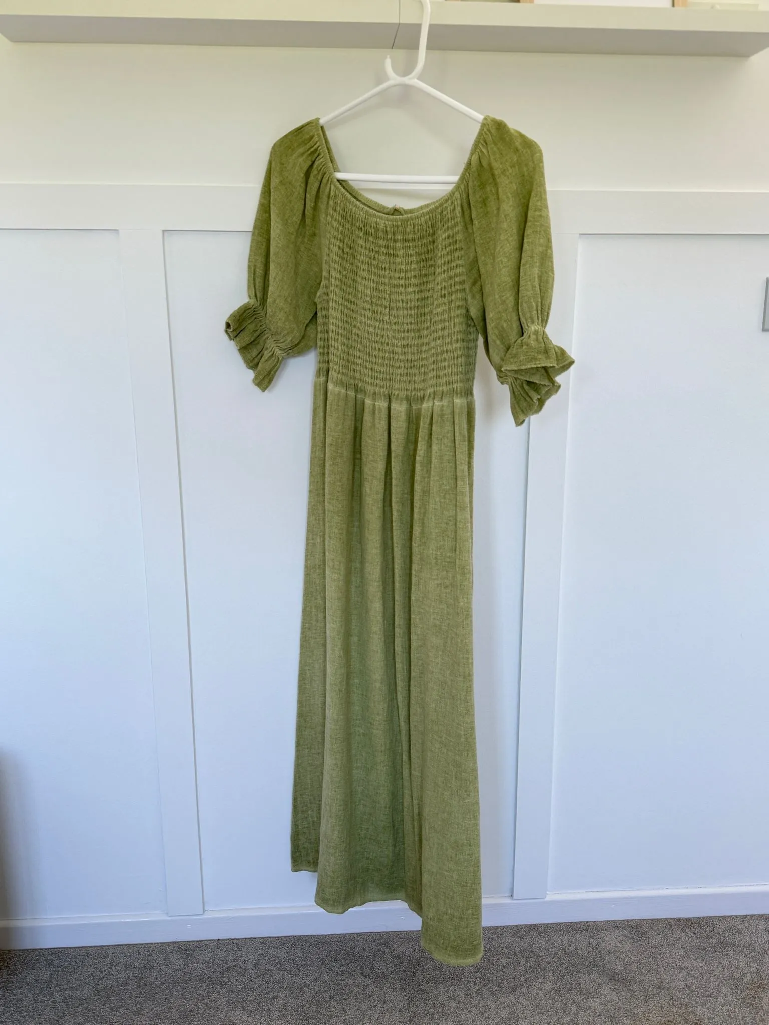 Pistachio Washed Linen Shirred Midi Dress