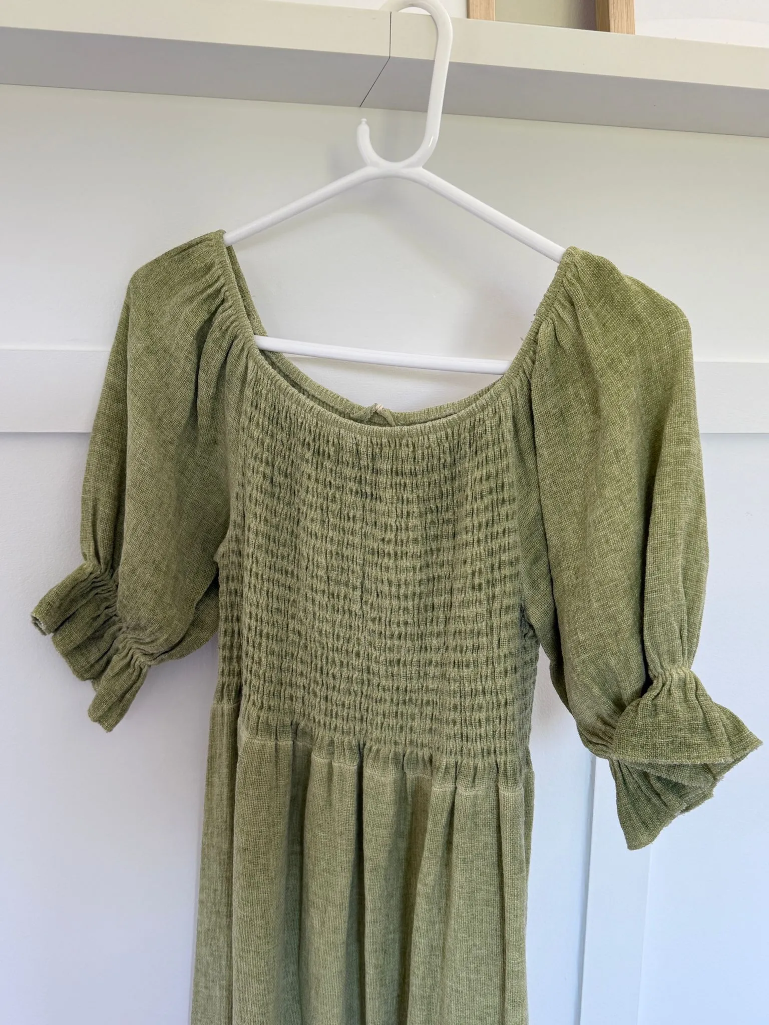 Pistachio Washed Linen Shirred Midi Dress