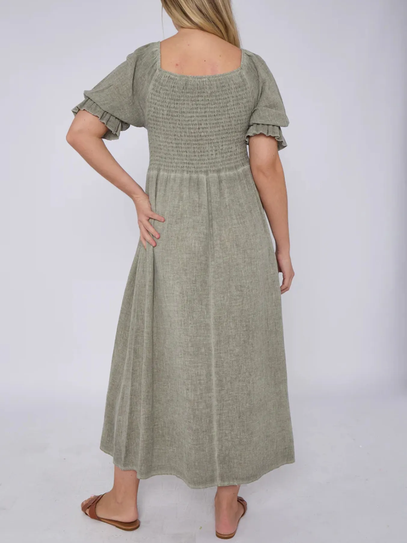 Pistachio Washed Linen Shirred Midi Dress