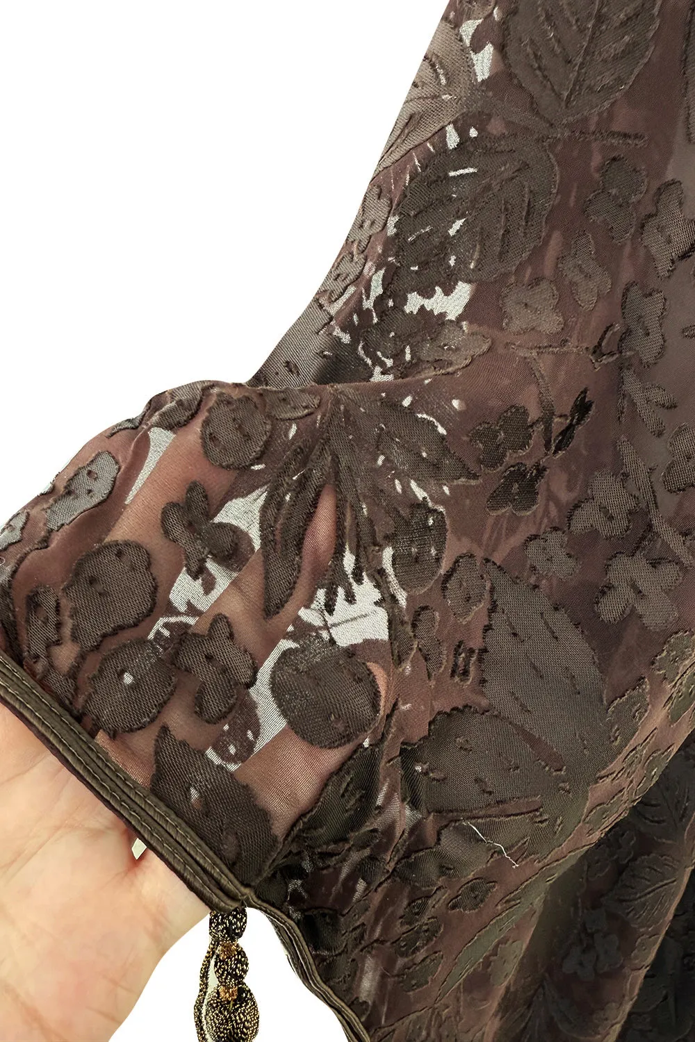 Rare 1960s Thea Porter Couture Brown Silk Open Caftan w Belt & Gold Tassles