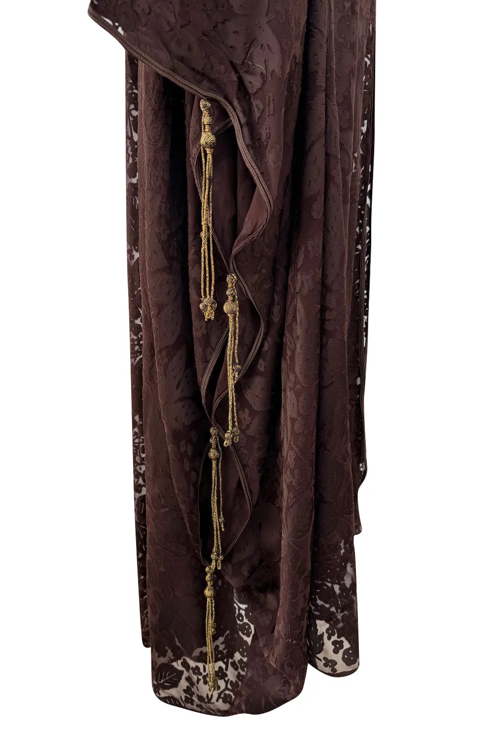 Rare 1960s Thea Porter Couture Brown Silk Open Caftan w Belt & Gold Tassles