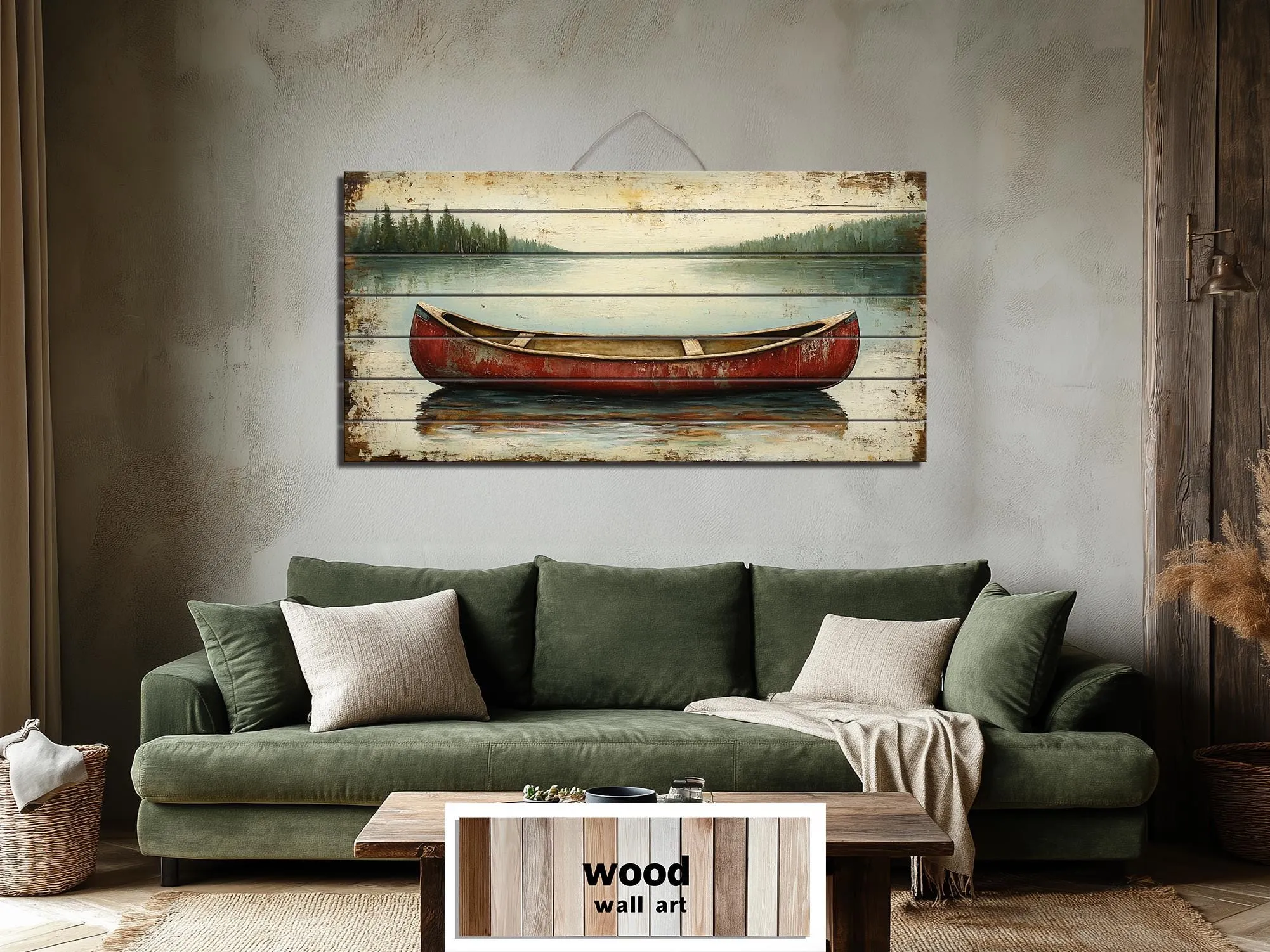 Red Canoe In Lake Distressed Wood Wall Art