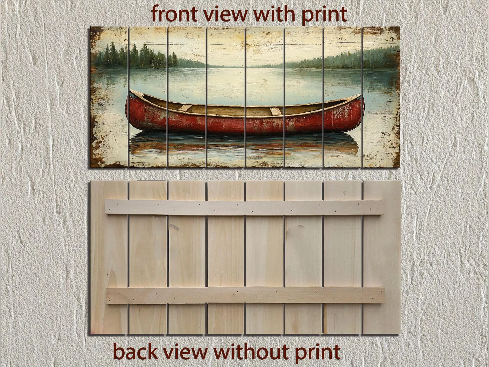 Red Canoe In Lake Distressed Wood Wall Art