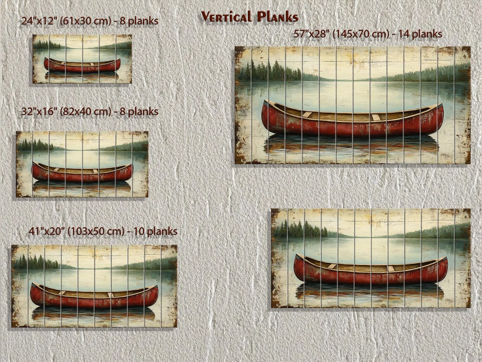 Red Canoe In Lake Distressed Wood Wall Art