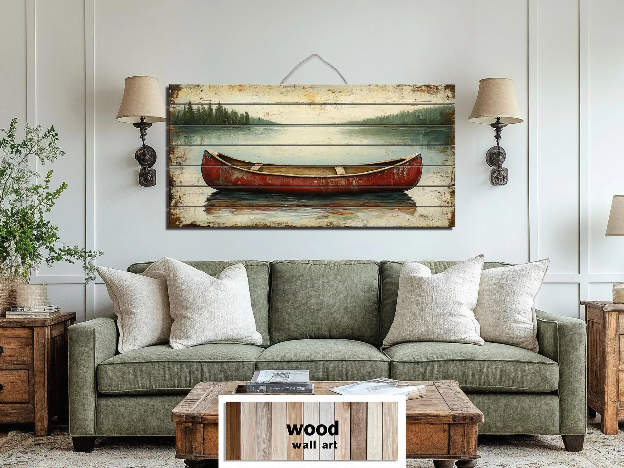Red Canoe In Lake Distressed Wood Wall Art