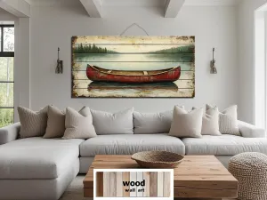 Red Canoe In Lake Distressed Wood Wall Art