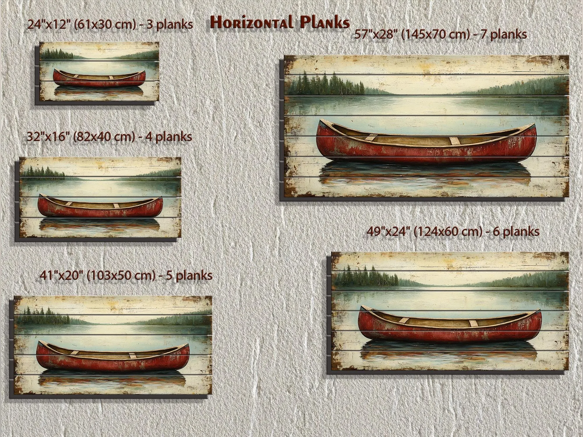 Red Canoe In Lake Distressed Wood Wall Art