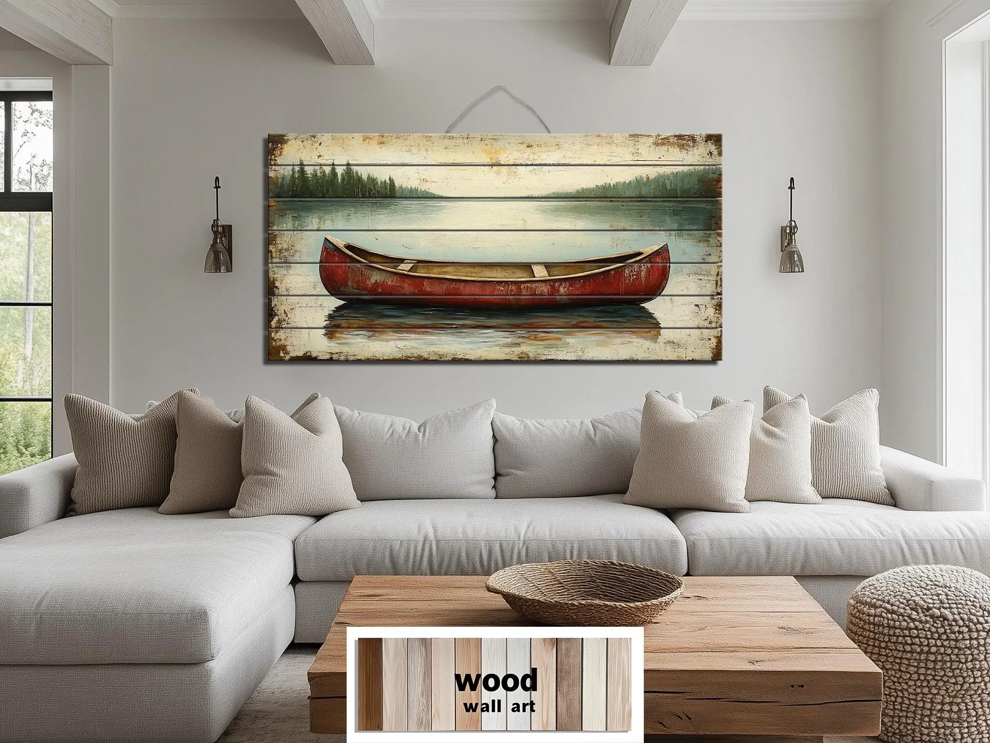 Red Canoe In Lake Distressed Wood Wall Art
