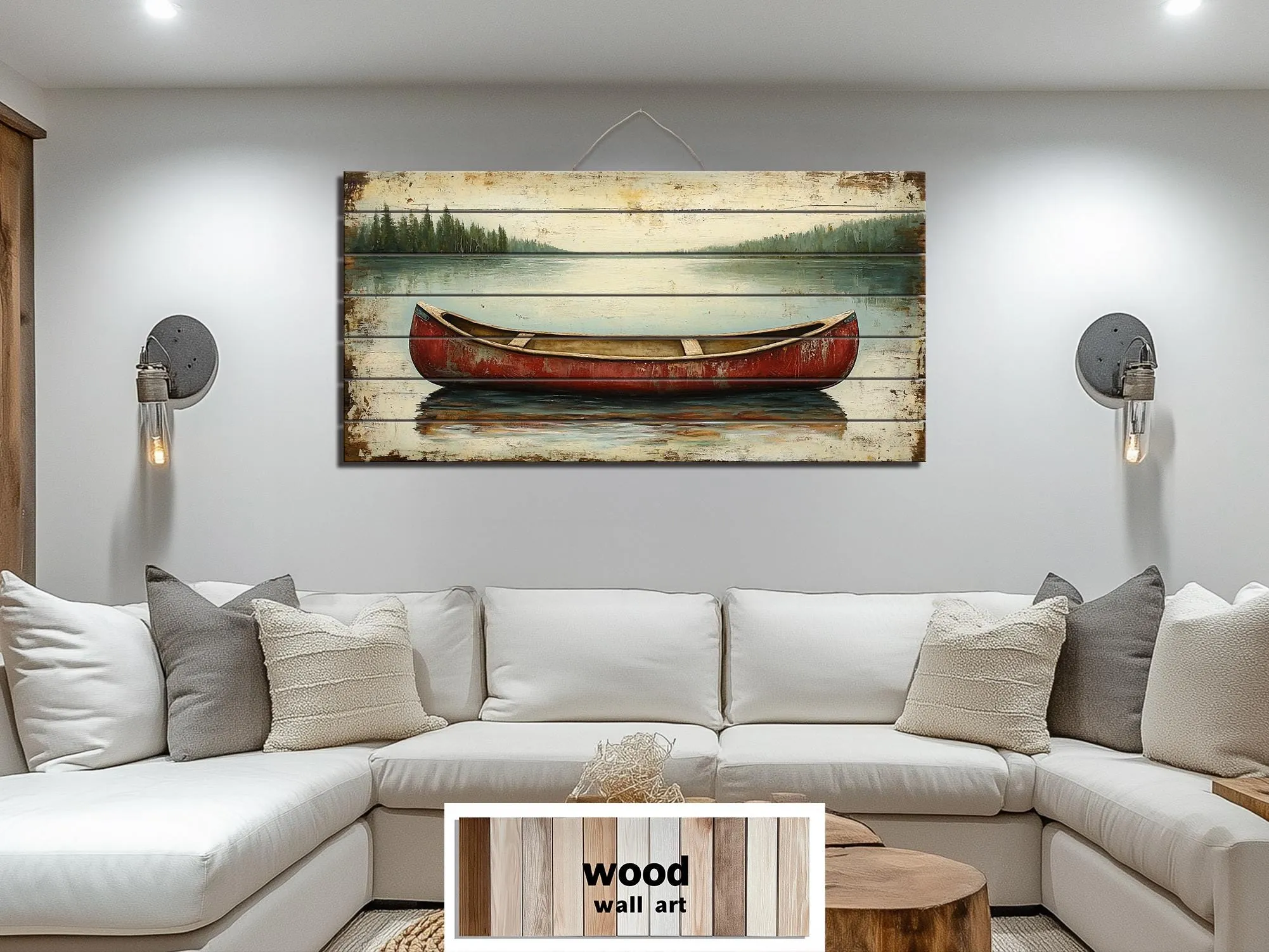 Red Canoe In Lake Distressed Wood Wall Art