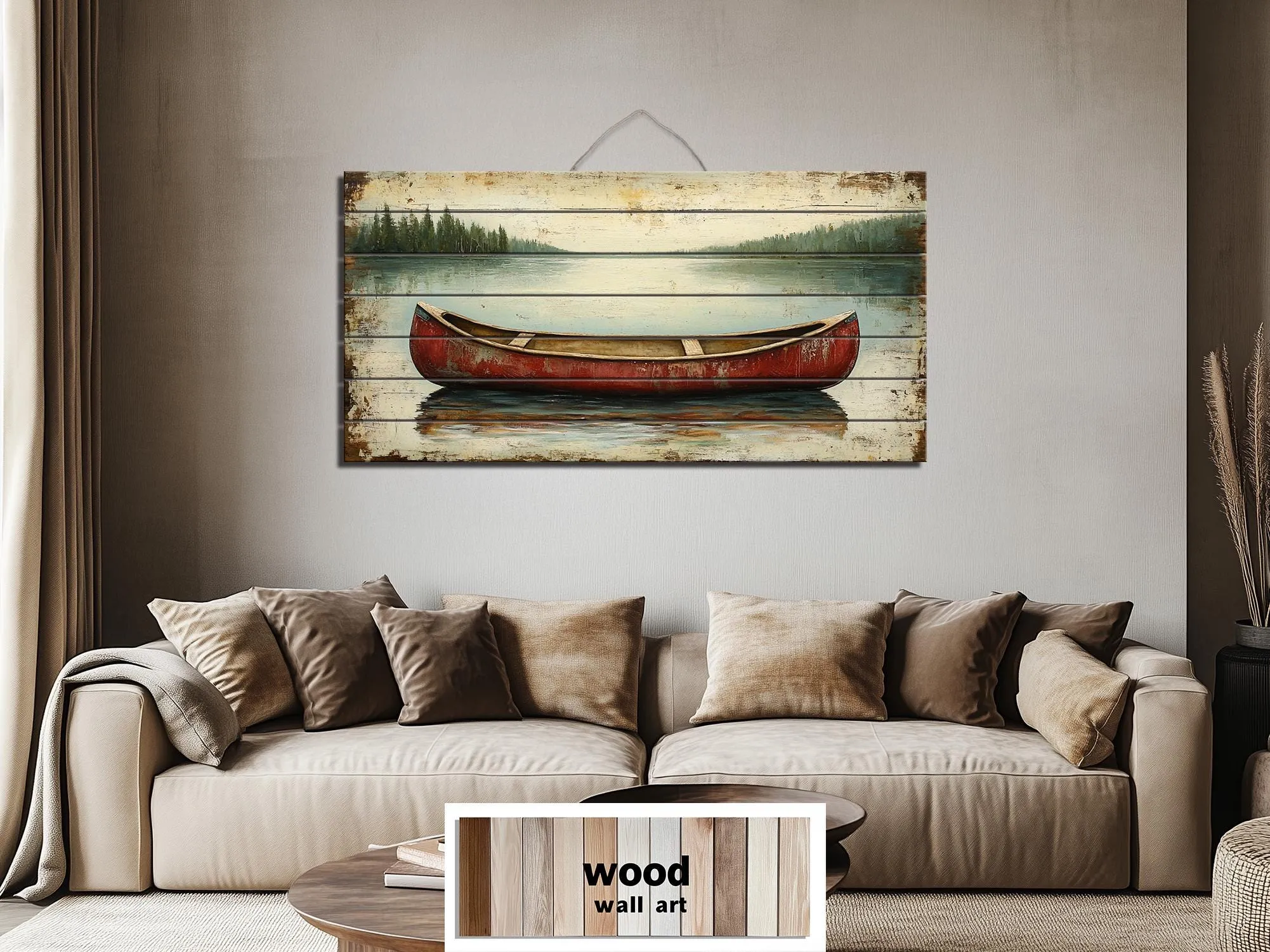 Red Canoe In Lake Distressed Wood Wall Art