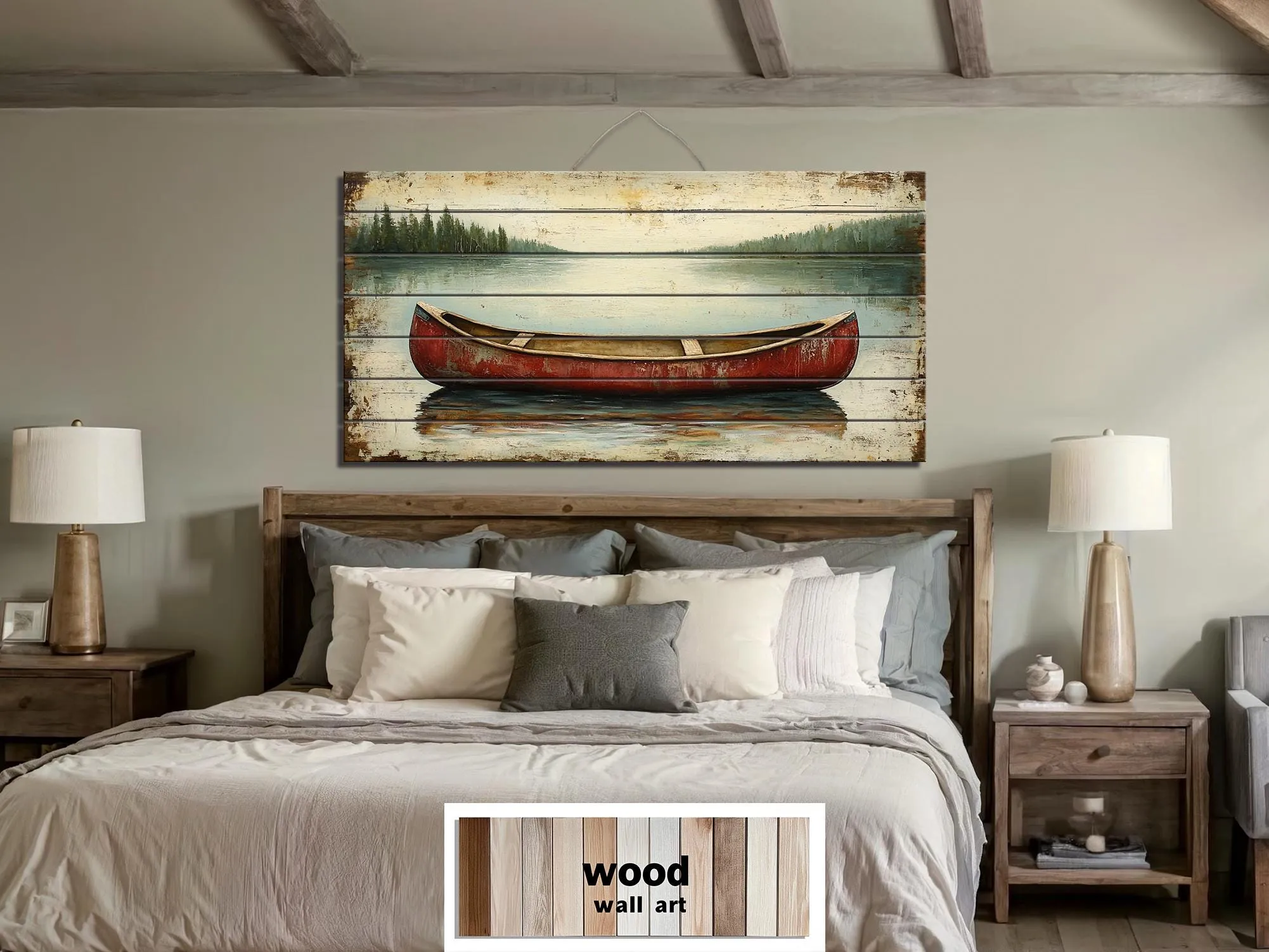 Red Canoe In Lake Distressed Wood Wall Art