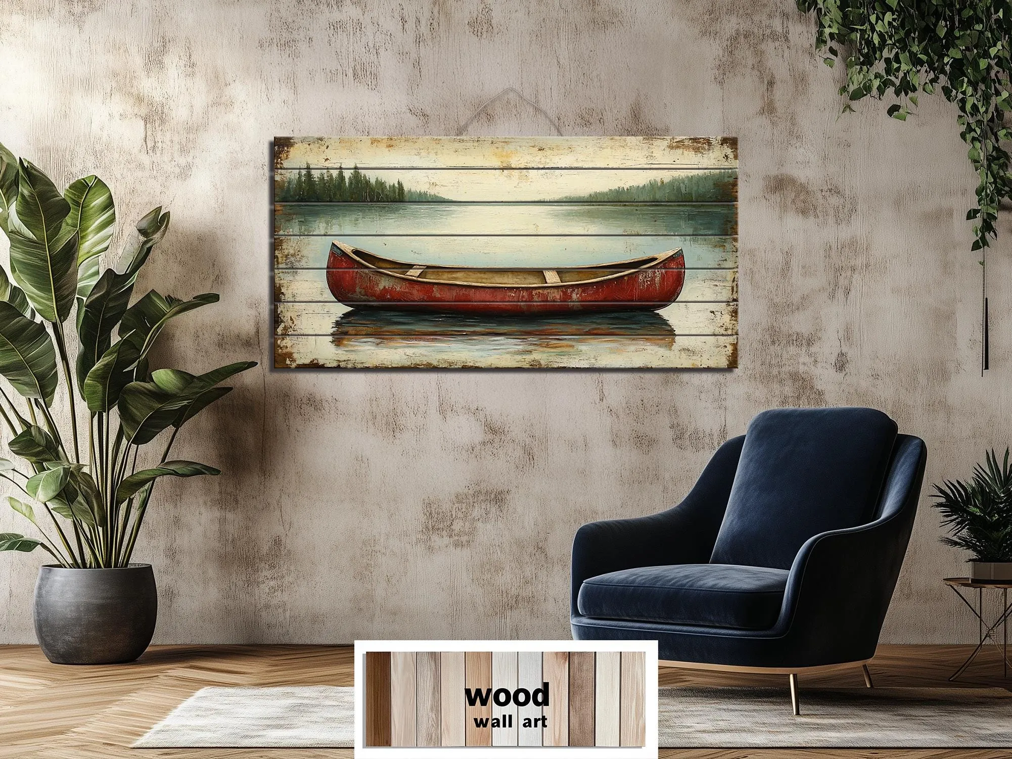 Red Canoe In Lake Distressed Wood Wall Art