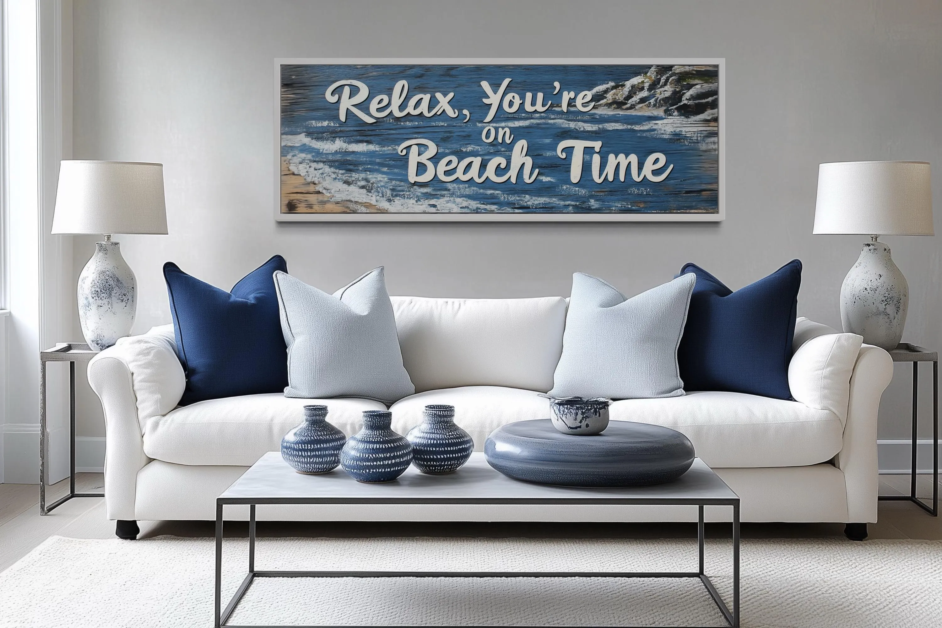 Relax You’re On Beach Time Long Horizontal  Rustic Sign Over Bed Coastal Wall Art
