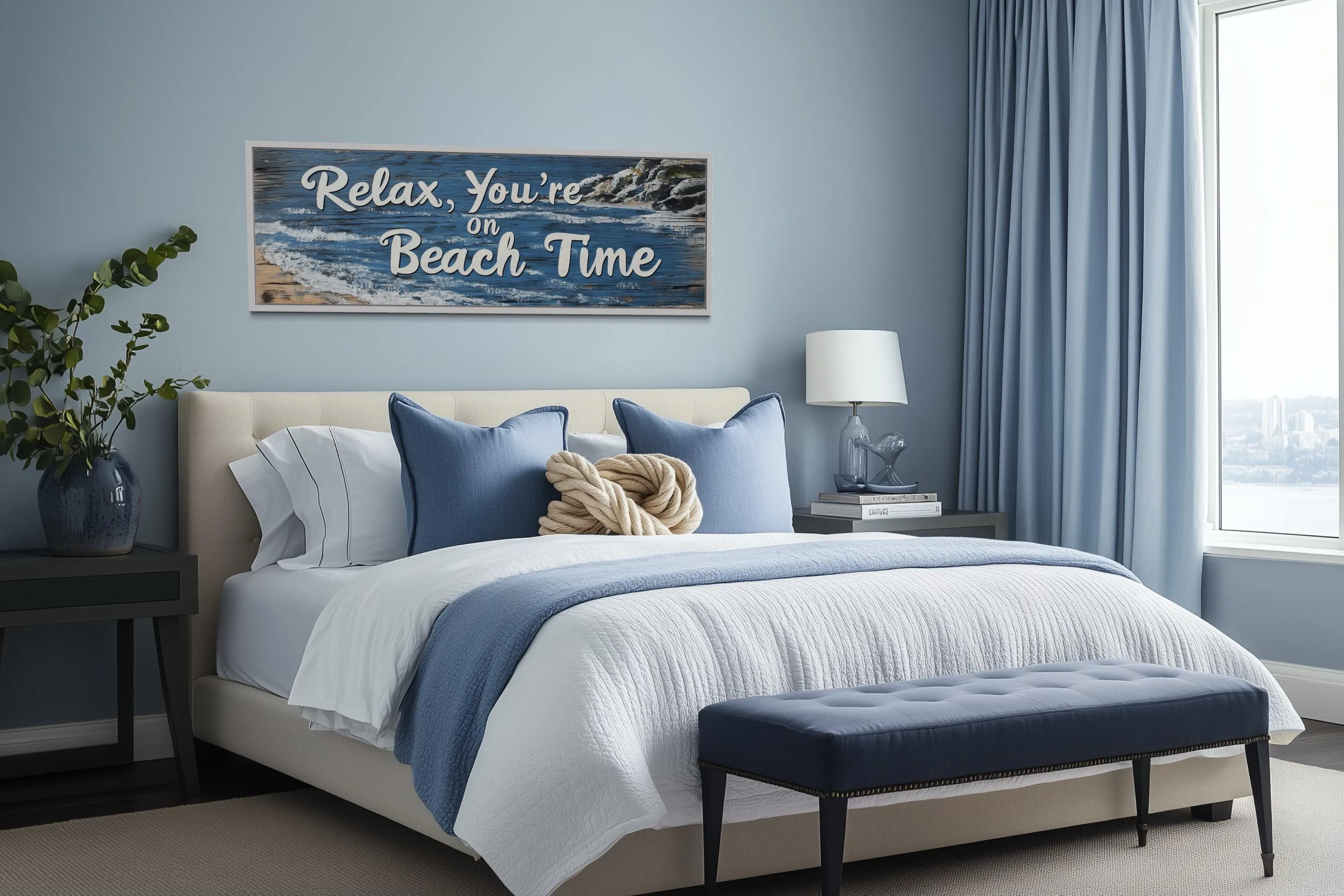 Relax You’re On Beach Time Long Horizontal  Rustic Sign Over Bed Coastal Wall Art