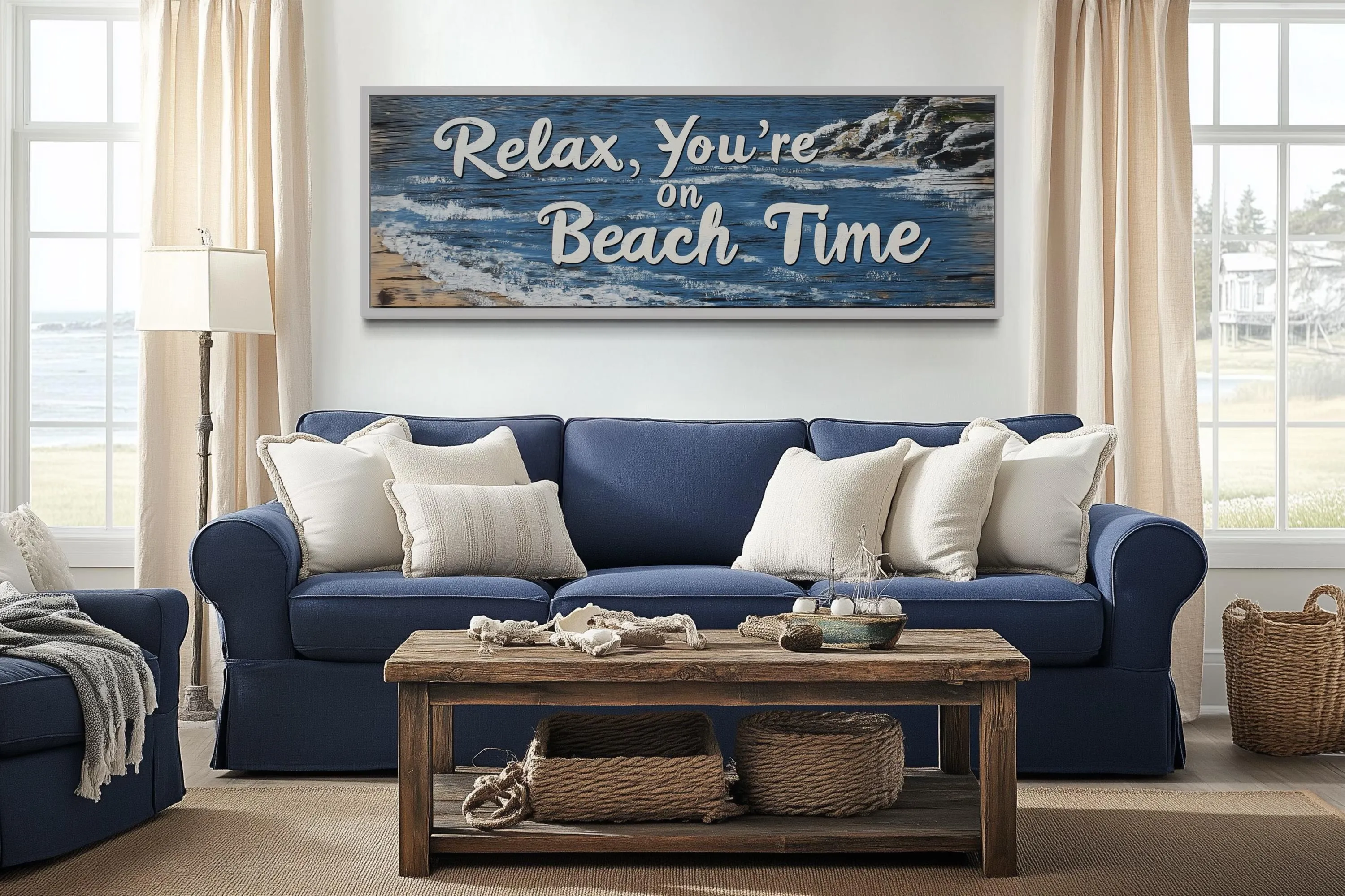 Relax You’re On Beach Time Long Horizontal  Rustic Sign Over Bed Coastal Wall Art