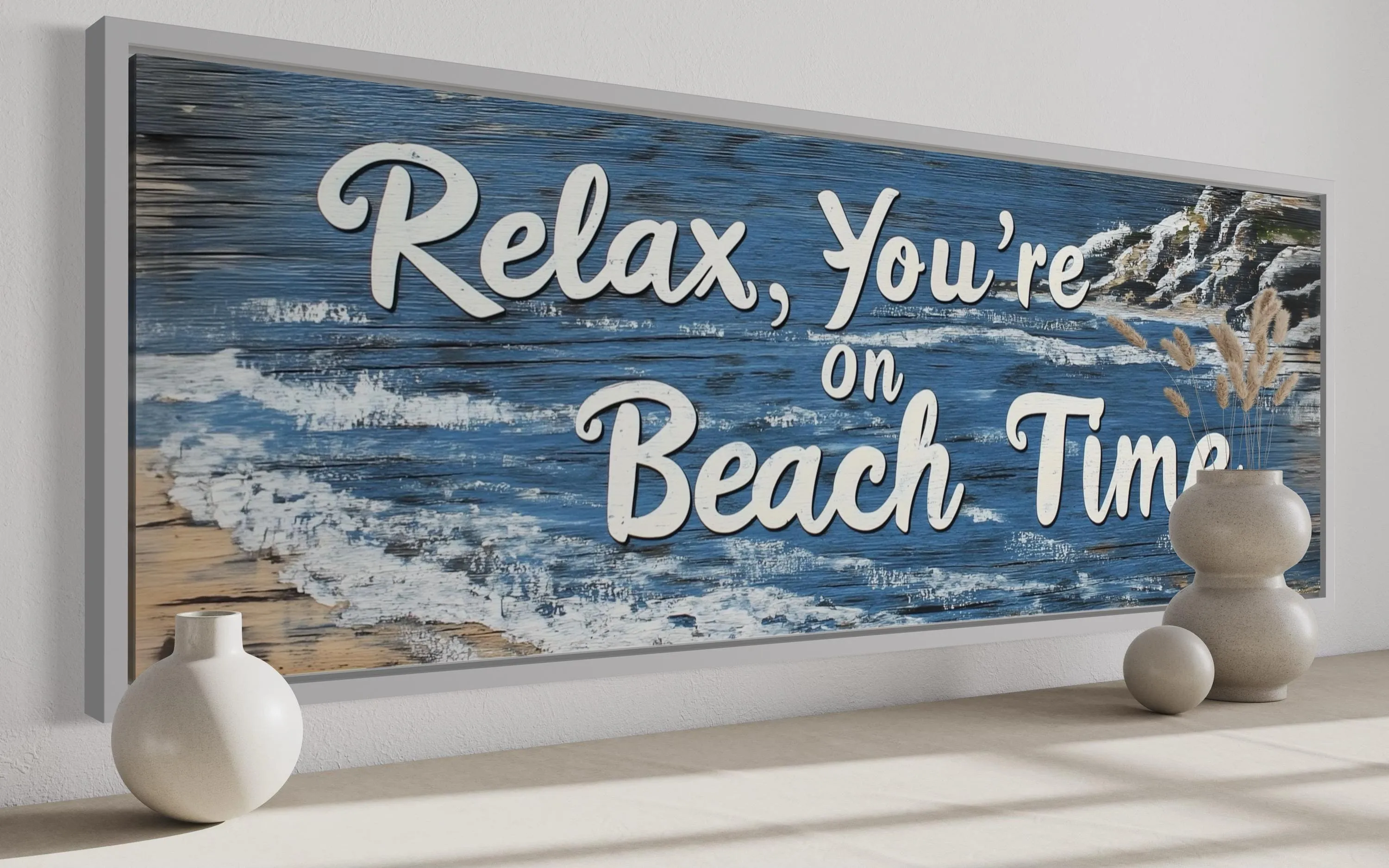Relax You’re On Beach Time Long Horizontal  Rustic Sign Over Bed Coastal Wall Art