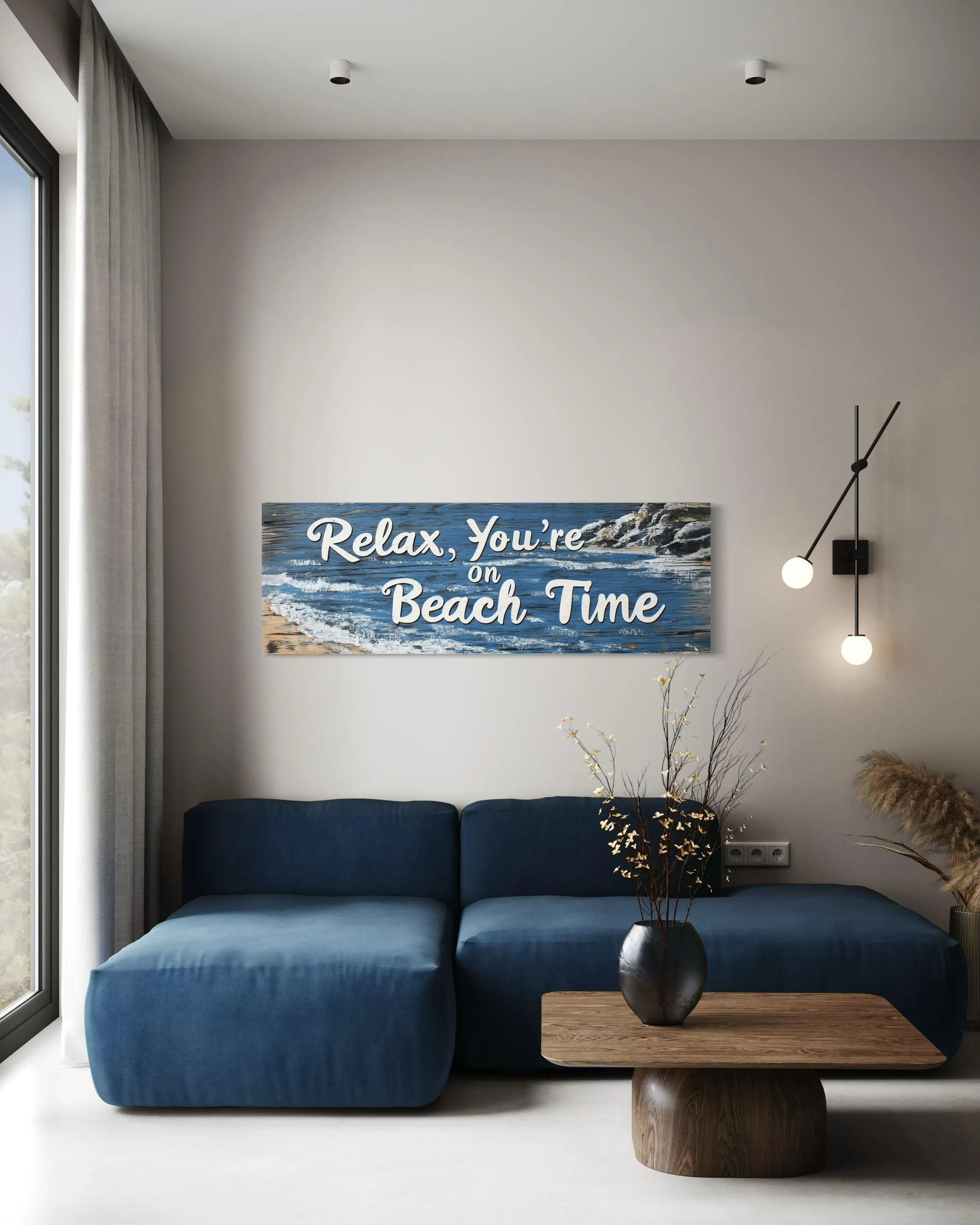 Relax You’re On Beach Time Long Horizontal  Rustic Sign Over Bed Coastal Wall Art