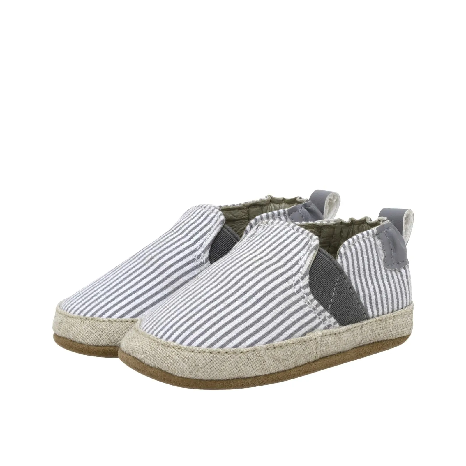 Robeez Baby Boys and Unisex Soft Soles Slip-Resistant Crib Shoes Slippers for Infant and Toddler,Harbor Grey Seersucker Espadrilles, 0-6 Months