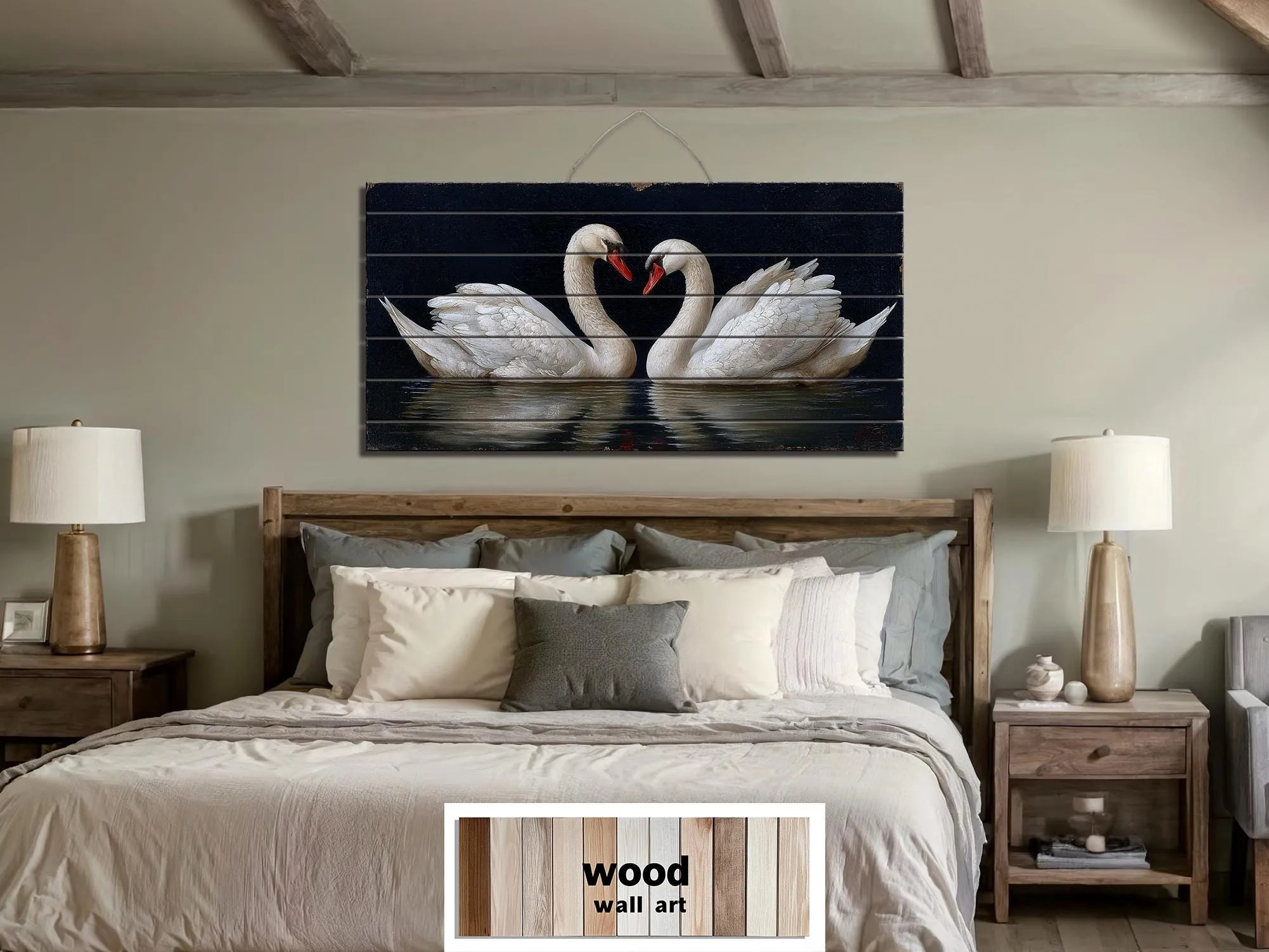 Romantic Swans Couple Distressed Wood Wall Art