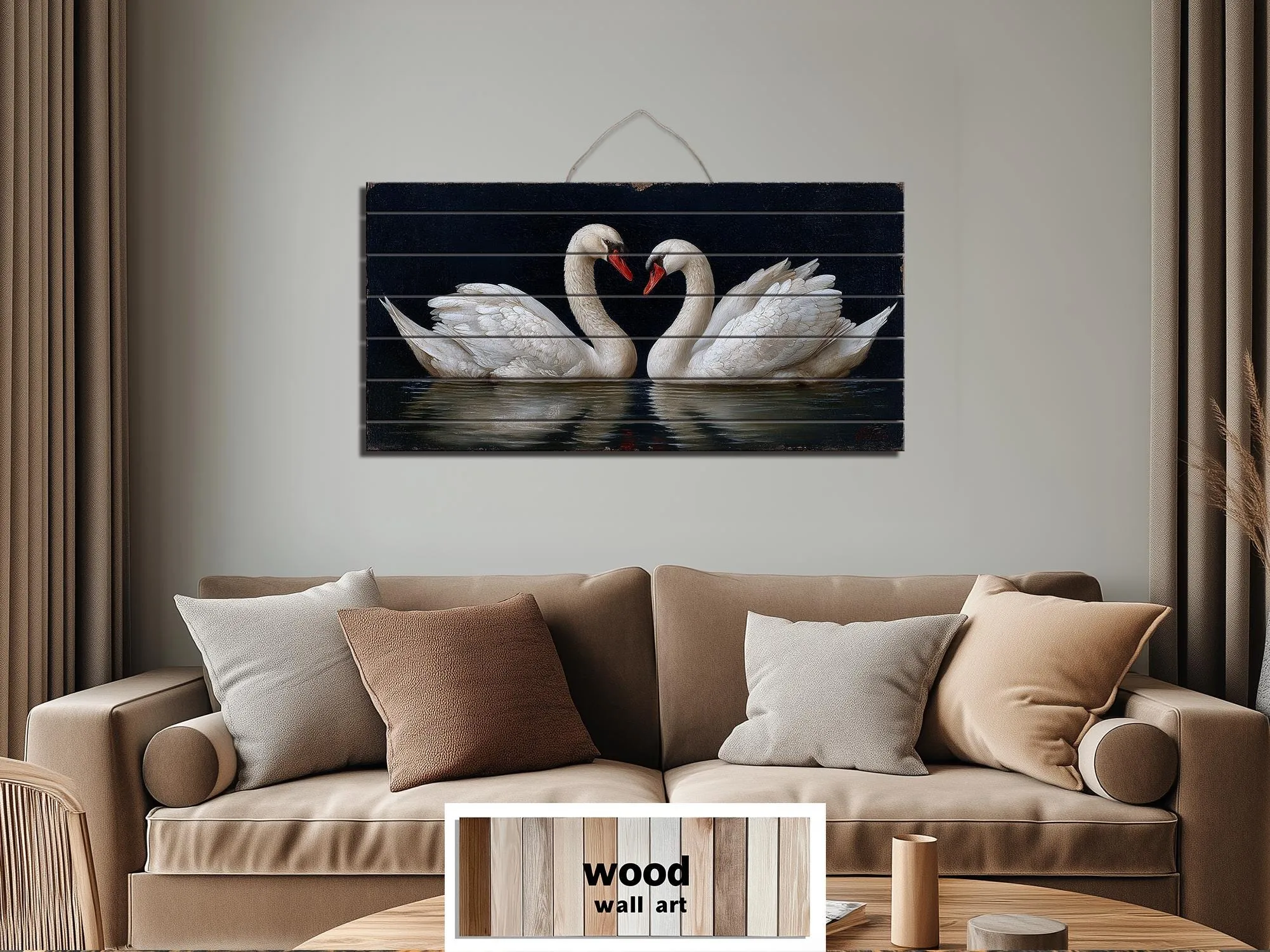 Romantic Swans Couple Distressed Wood Wall Art