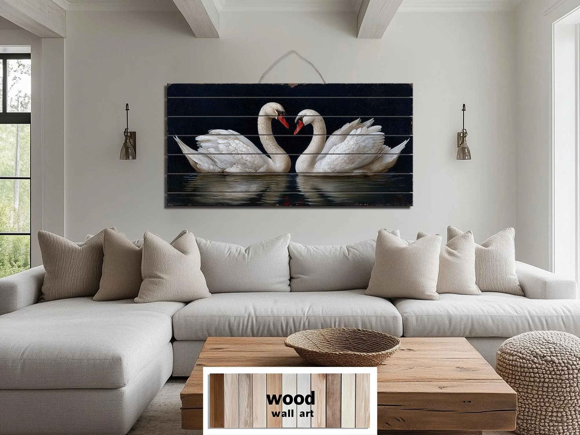 Romantic Swans Couple Distressed Wood Wall Art