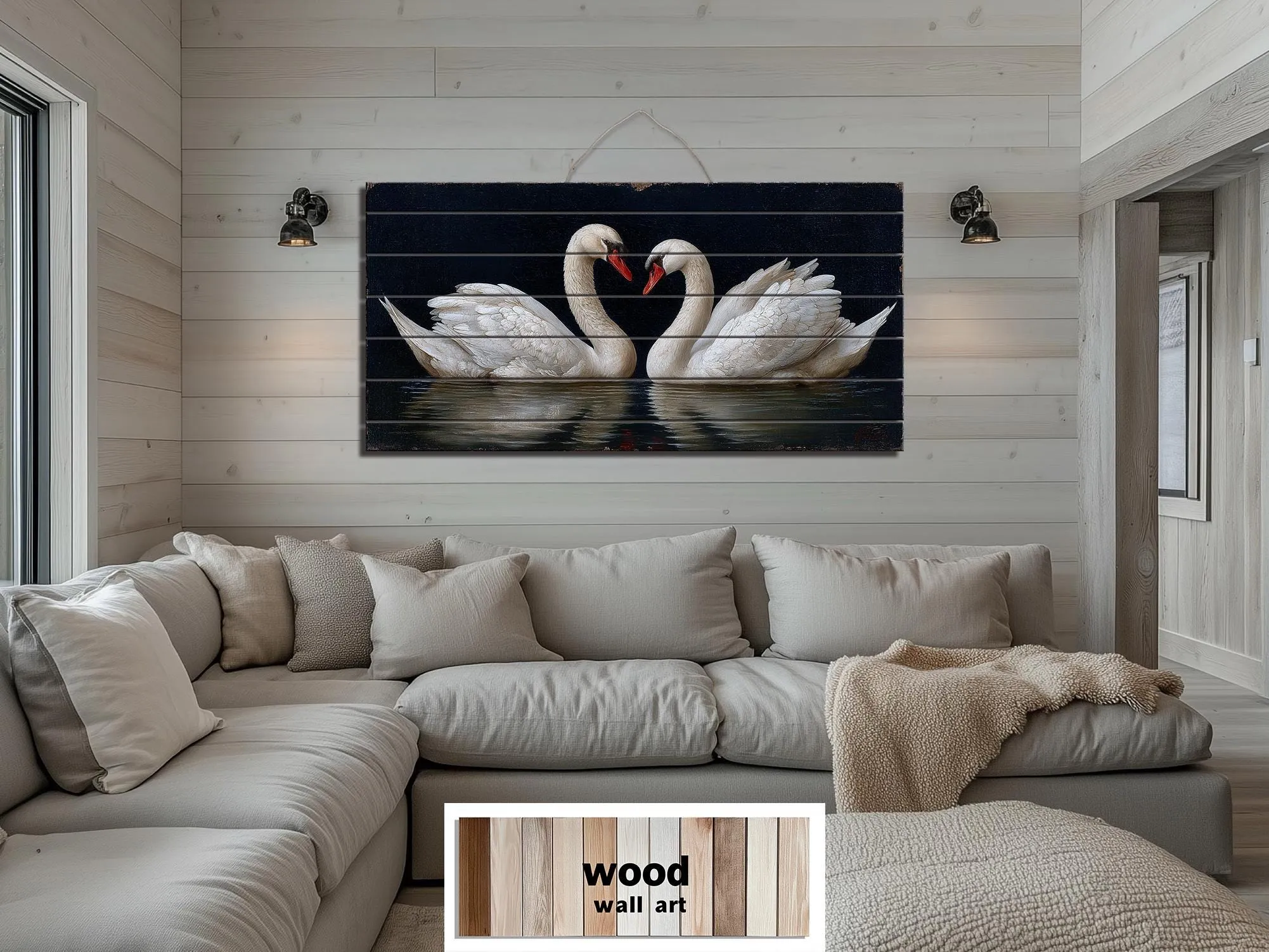 Romantic Swans Couple Distressed Wood Wall Art