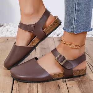 Round Toe Flat Bottom Buckle Sandals Women's Toe Cap Flip-flops